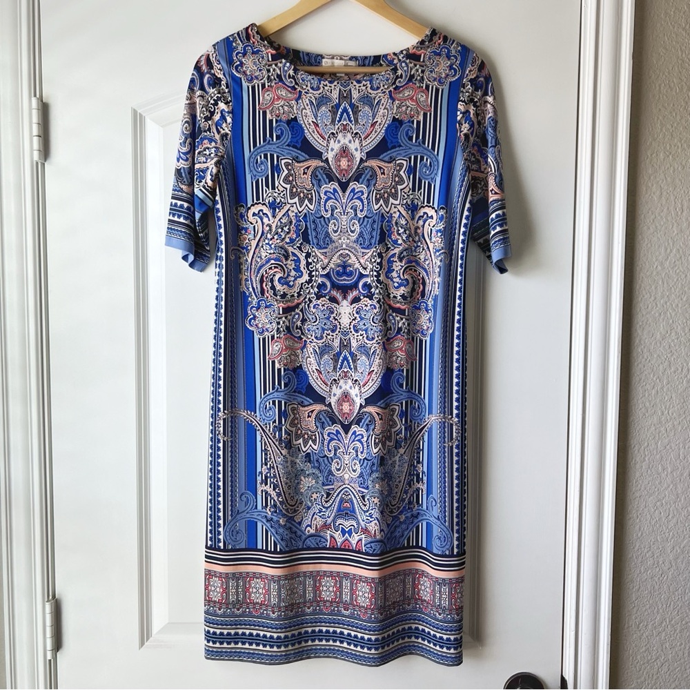 Dress Barn DB Signature Camryn Blue Printed Shift Dress Size 8